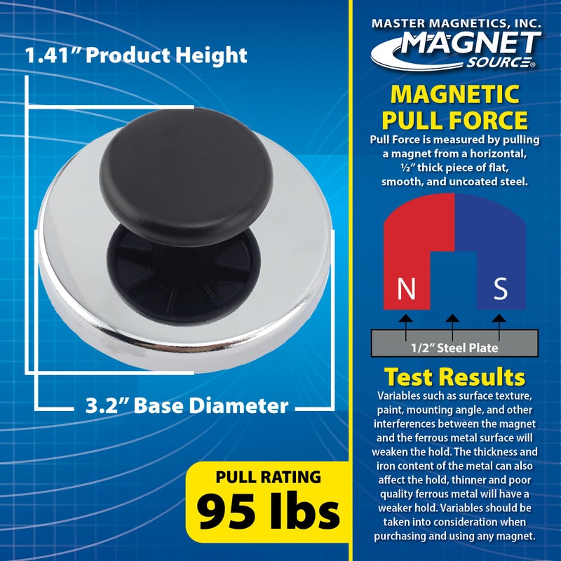 Master Magnetics Ceramic Round Base Magnet with Knob Pack - Heavy-Duty Strong Magnets for Home and Work - 95 lb Pull Each - Nickel-Plated - 3.2" D - 1.41" H - 1.75" D Knob - Chrome - 2-Pack - Image 4